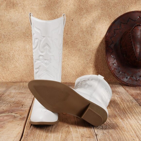 Women's White Pointed Toe Pull On Wide Calf Pu Chunky Low Heel Cowgirl Boots - Picture 5 of 7